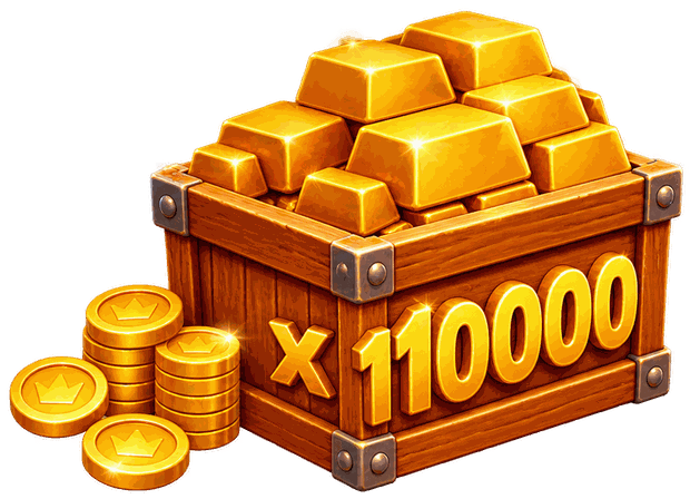 Wooden chest filled with gold bars and coins next to an x10,000 multiplier