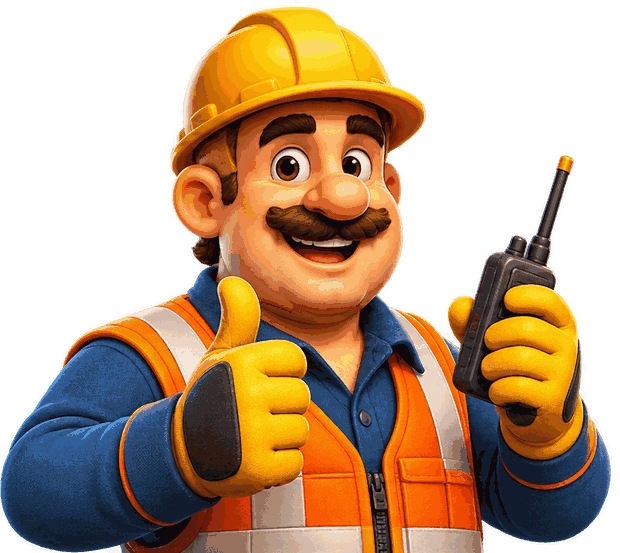 Smiling crane operator in a yellow hard hat giving a thumbs up